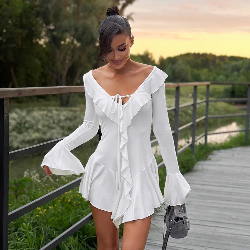 Ruffled Lace-Up White Mini Dress Women's V-Neck Patchwork Long Sleeve Sexy Slim Dress Bandage Elegant Female Summer Dress