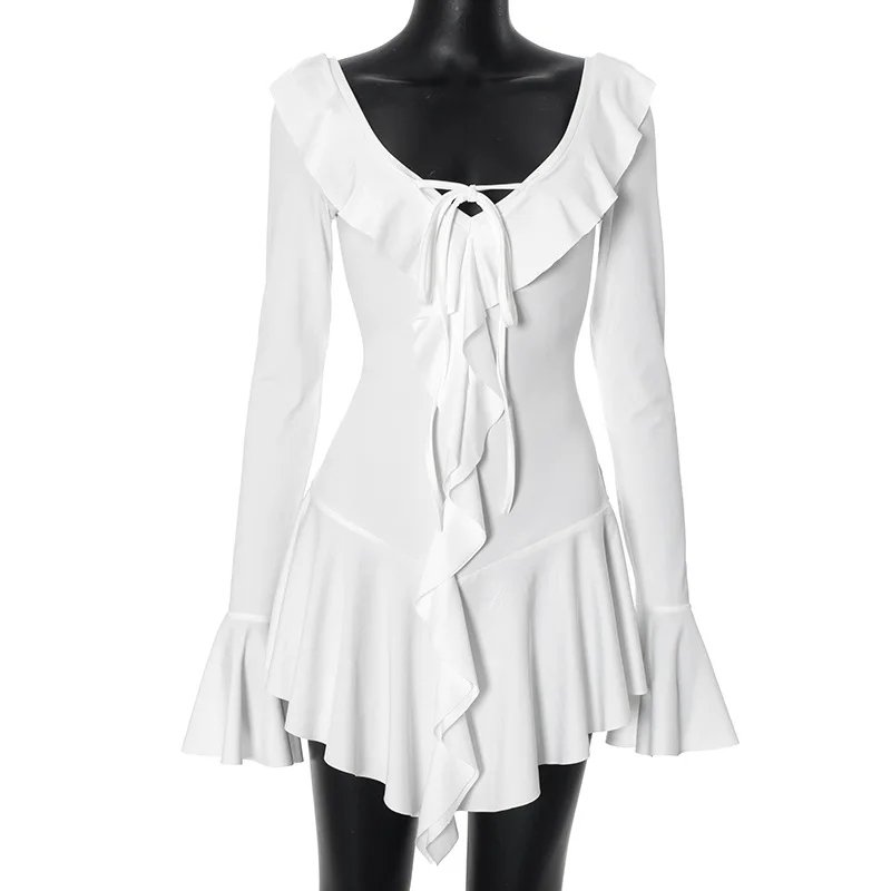 Ruffled Lace-Up White Mini Dress Women's V-Neck Patchwork Long Sleeve Sexy Slim Dress Bandage Elegant Female Summer Dress