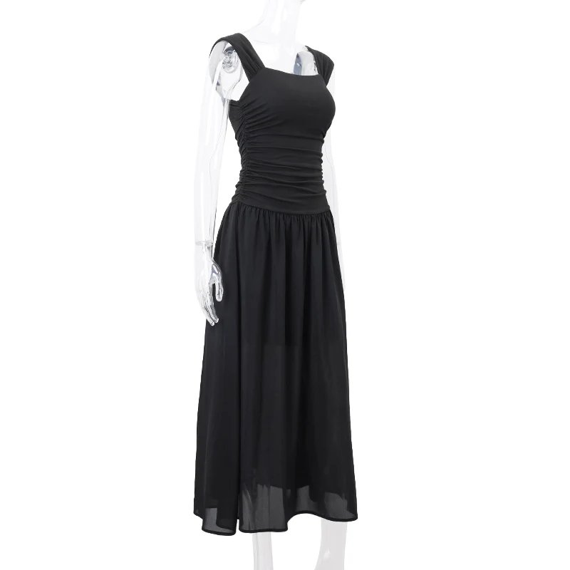 WhereMery Elegant Slip Long Dresses Sexy Women Ruched Bodycon Solid Maxi Dress Spring Y2K Summer Temperament High-waist Vestidos
