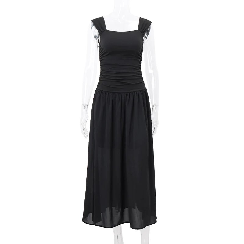 WhereMery Elegant Slip Long Dresses Sexy Women Ruched Bodycon Solid Maxi Dress Spring Y2K Summer Temperament High-waist Vestidos