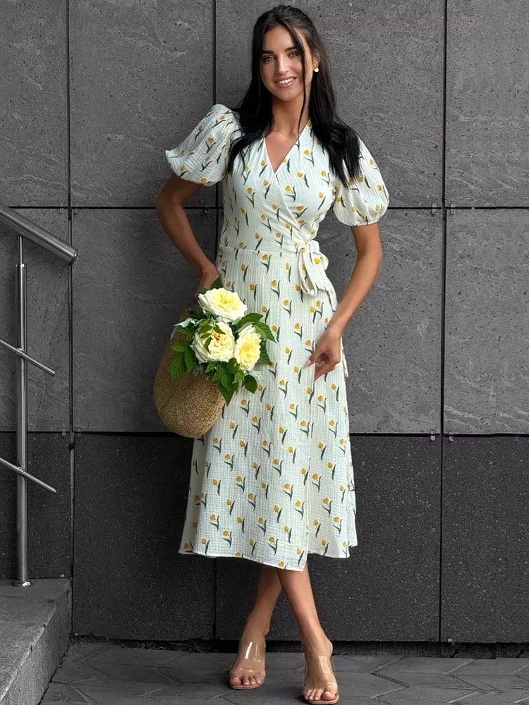 Summer Women's Light Long Dress 100% Cotton A-line Midi Dresses Muslin with Side Slits Flowers Elegant Beige Dress for Women