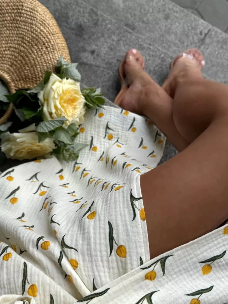 Summer Women's Light Long Dress 100% Cotton A-line Midi Dresses Muslin with Side Slits Flowers Elegant Beige Dress for Women