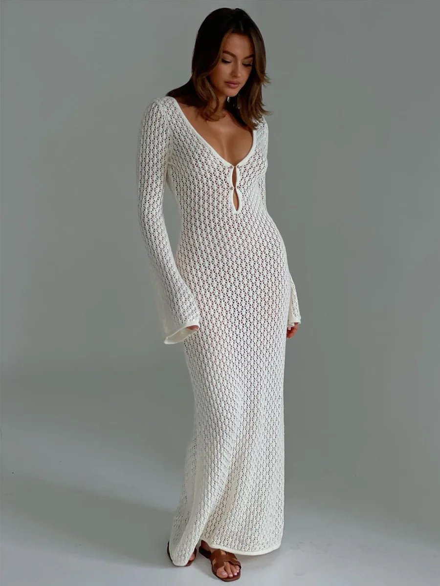 Sexy Women White Long Knit Sleeve Bikin Fashion Cover up Female See-Through Deep V-Neck Hollow-Out Beach Knitwear Backless Dress