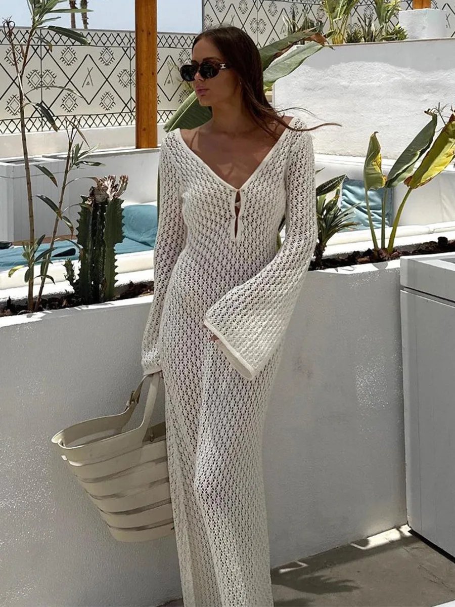 Sexy Long Knit Sleeve Bikin Backless Dress