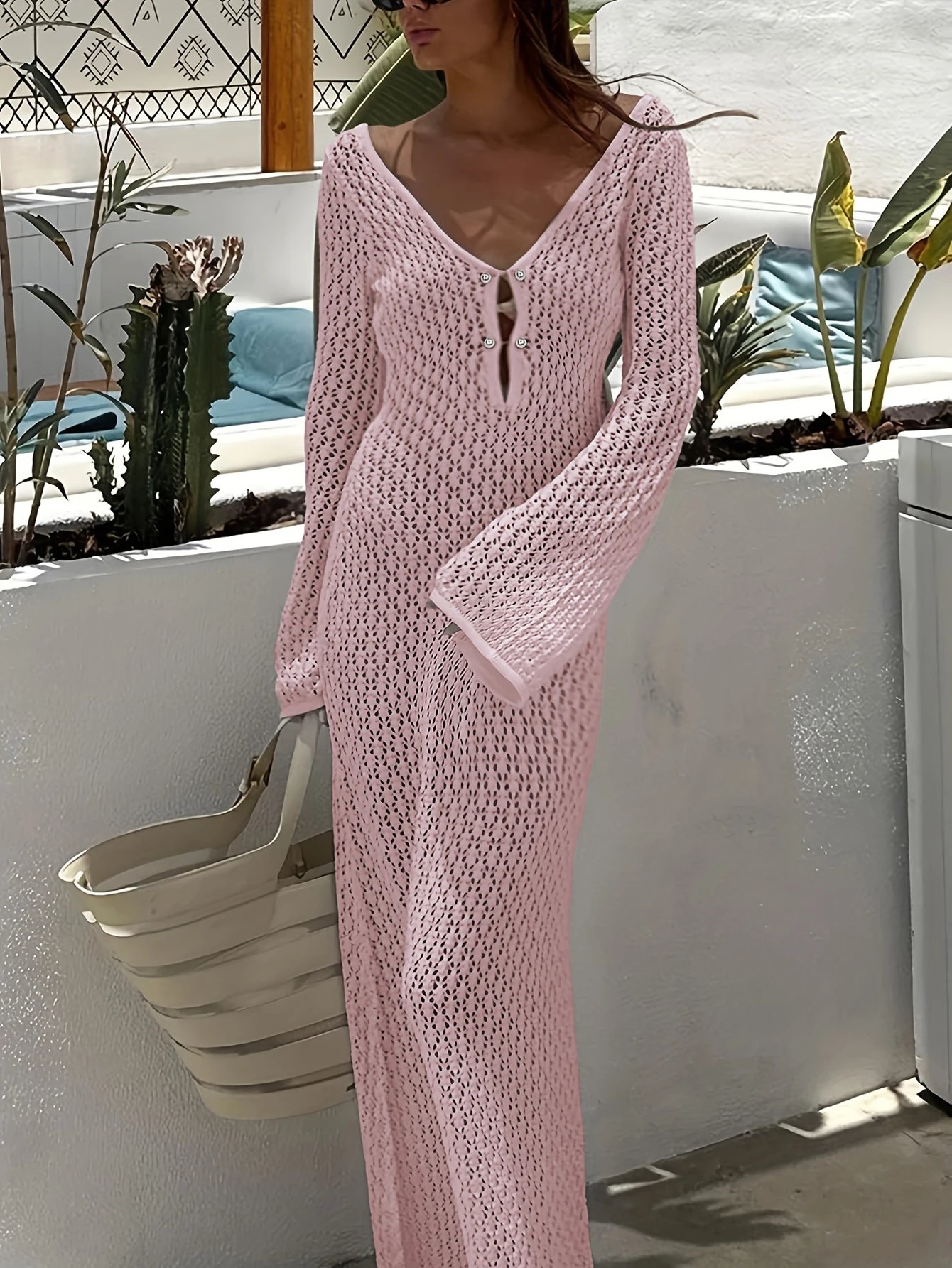 Sexy Women White Long Knit Sleeve Bikin Fashion Cover up Female See-Through Deep V-Neck Hollow-Out Beach Knitwear Backless Dress