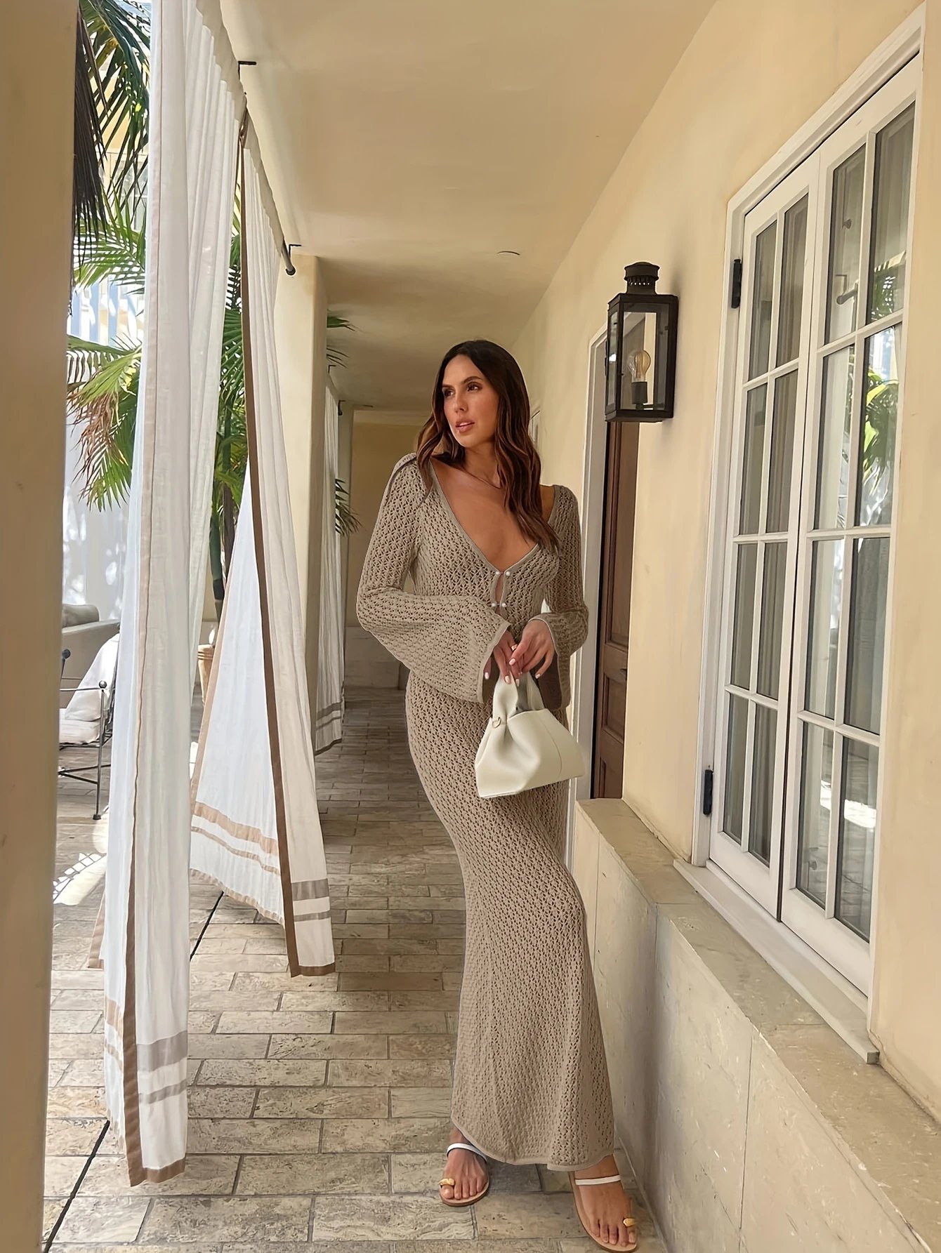 Sexy Women White Long Knit Sleeve Bikin Fashion Cover up Female See-Through Deep V-Neck Hollow-Out Beach Knitwear Backless Dress