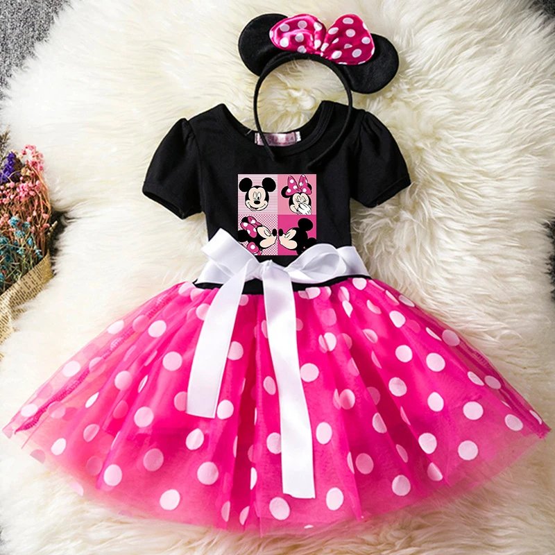 Mickey Minnie Mouse Cartoon Kids Short Sleeve Polka Dot Princess Dress Party Baby Girls Clothes Cosplay Costumes 1-6Y