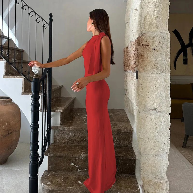 Hugcitar Fashion Solid O Neck Sleeveless Patchwork Sexy Bodycon Maxi Prom Dress Summer Women Clothes Party Festival Club Y2K