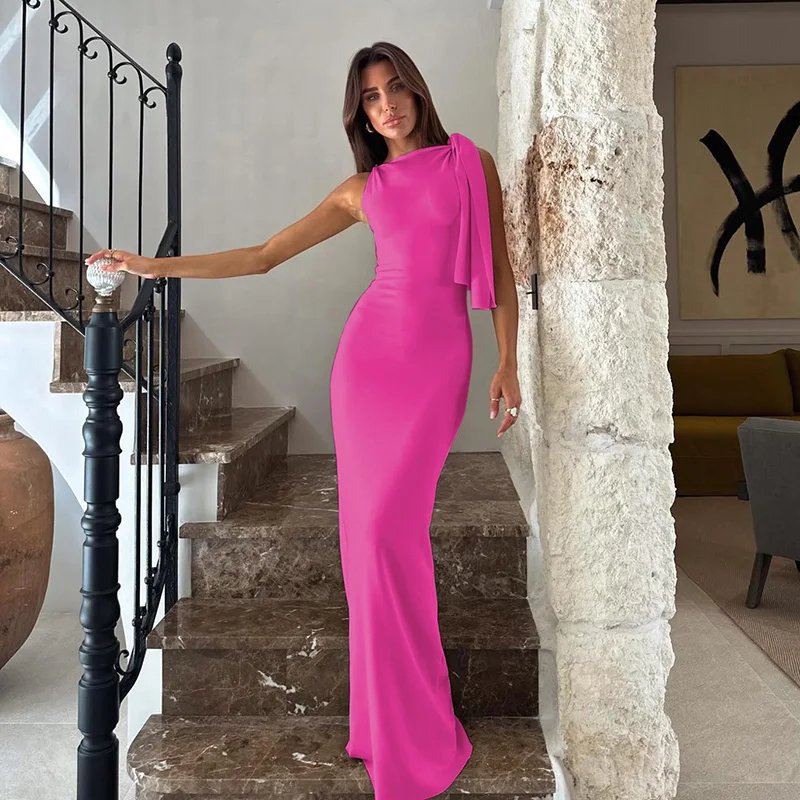 Hugcitar Fashion Solid O Neck Sleeveless Patchwork Sexy Bodycon Maxi Prom Dress Summer Women Clothes Party Festival Club Y2K