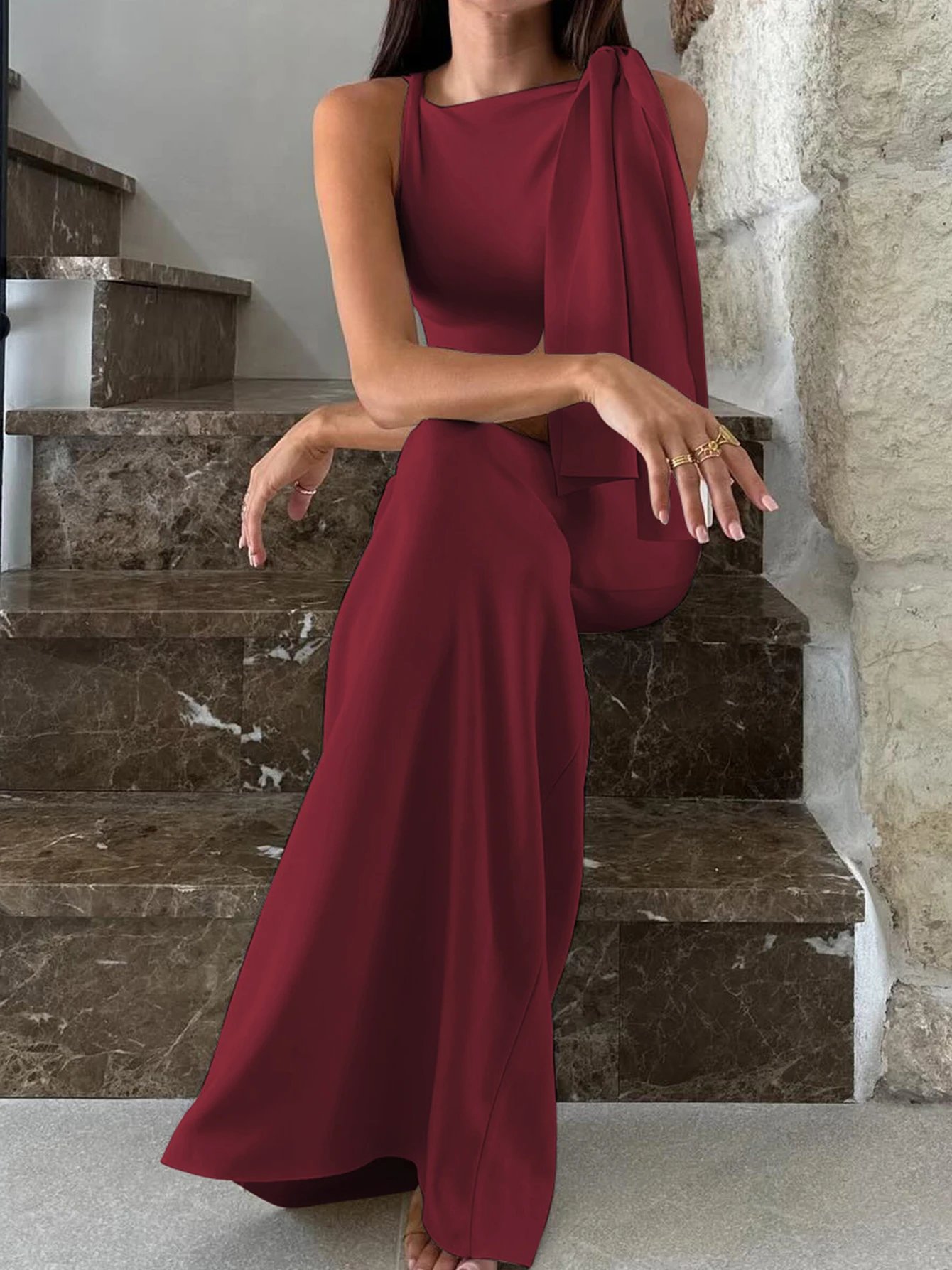 Hugcitar Fashion Solid O Neck Sleeveless Patchwork Sexy Bodycon Maxi Prom Dress Summer Women Clothes Party Festival Club Y2K