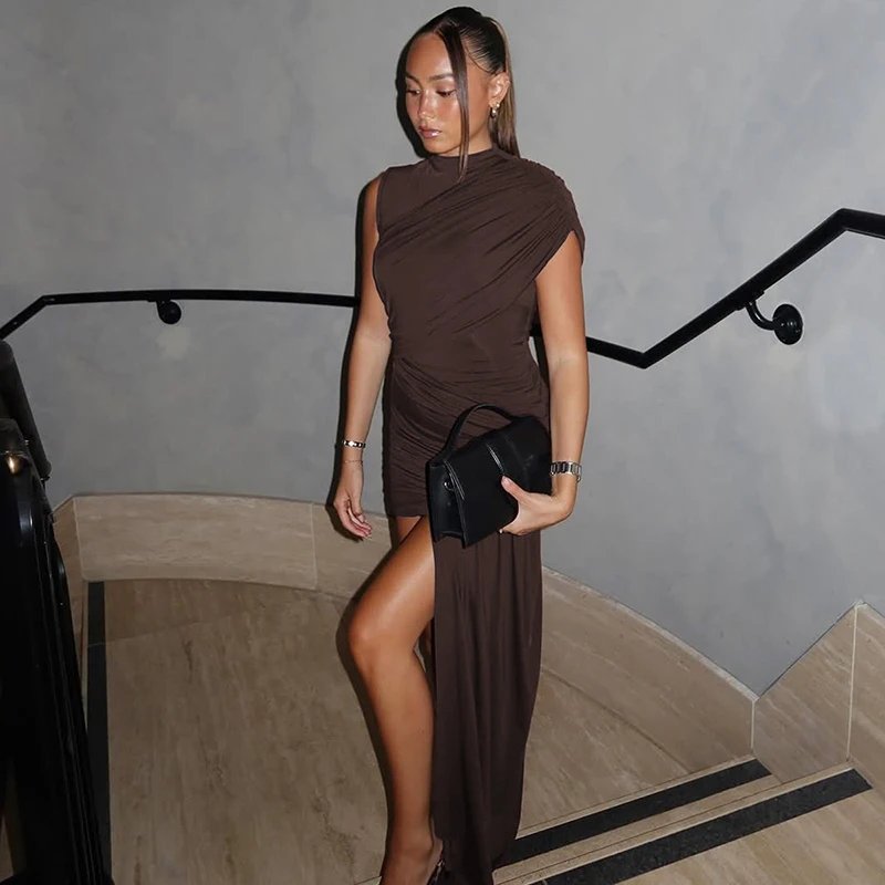 Mozision Irregular Draped Ruched Sexy Mini Dress For Women Elegant Turtleneck Sleeveless High Waist Pleated Club Party Dress