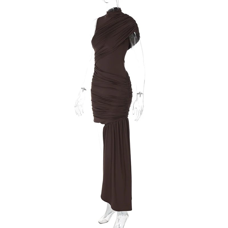 Mozision Irregular Draped Ruched Sexy Mini Dress For Women Elegant Turtleneck Sleeveless High Waist Pleated Club Party Dress