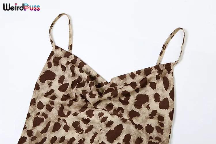 Weird Puss Leopard Print Dress Woman Summer Sexy Swing Collar Spaghetti Straps Backless Ruffles Party Clubwear Skinny Vestidos