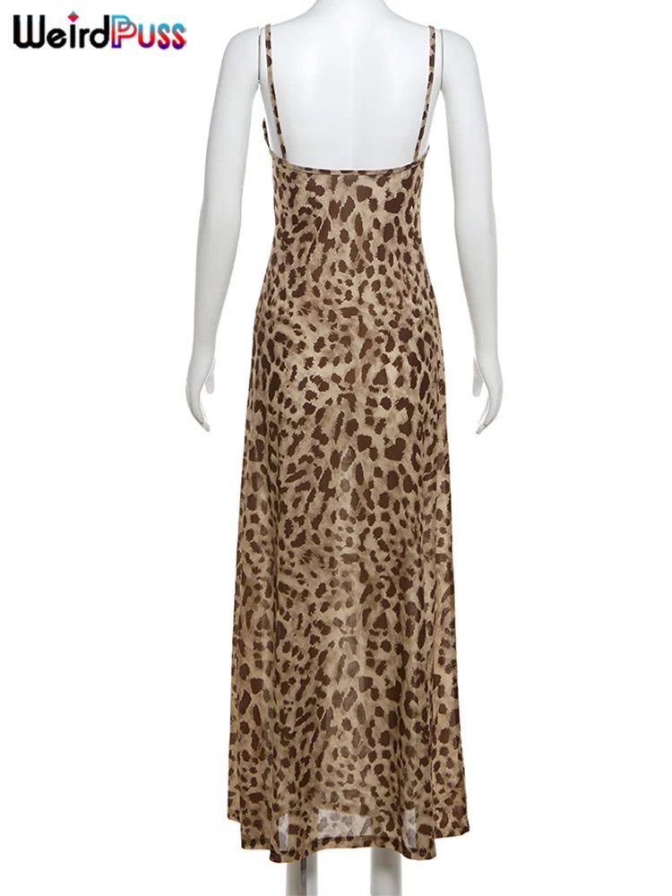 Weird Puss Leopard Print Dress Woman Summer Sexy Swing Collar Spaghetti Straps Backless Ruffles Party Clubwear Skinny Vestidos