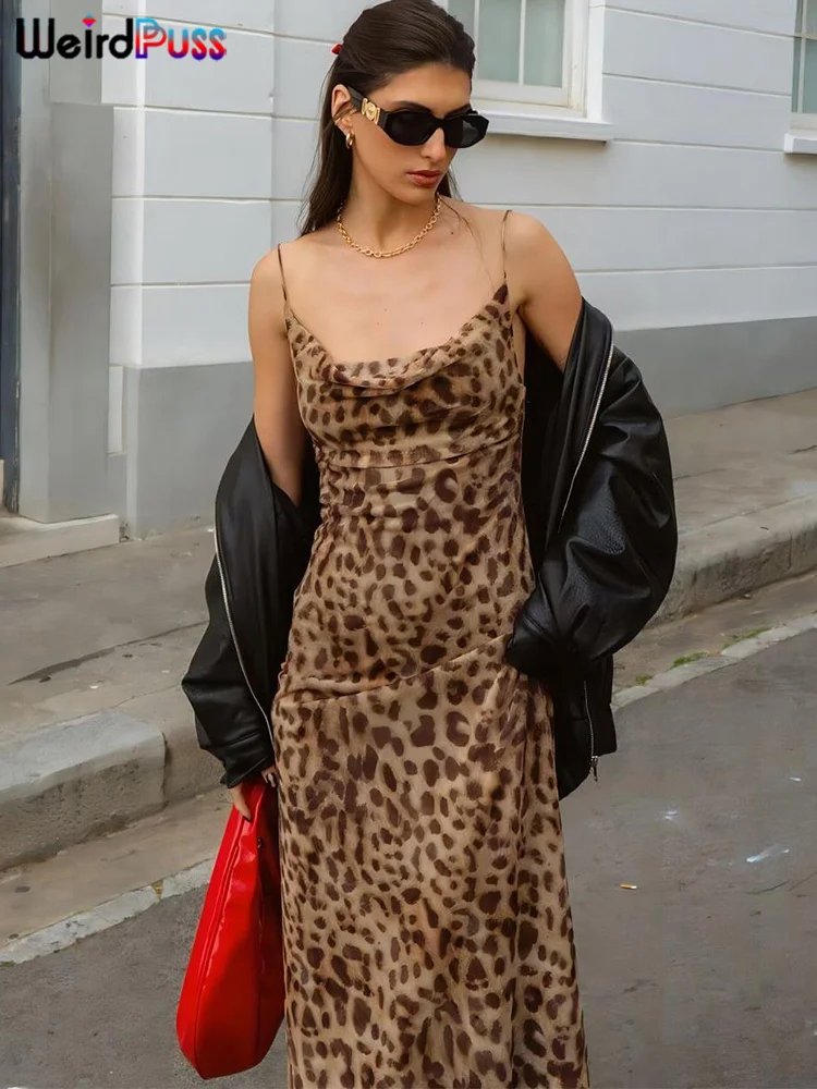 Weird Puss Leopard Print Dress Woman Summer Sexy Swing Collar Spaghetti Straps Backless Ruffles Party Clubwear Skinny Vestidos