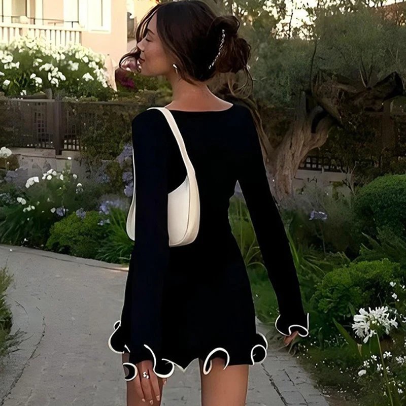 New Women Dresses Elegant Round Neck Pleat Long Sleeve New Casual Slim Pink Sexy Black Mini Dress Female Chic Party Street Dress
