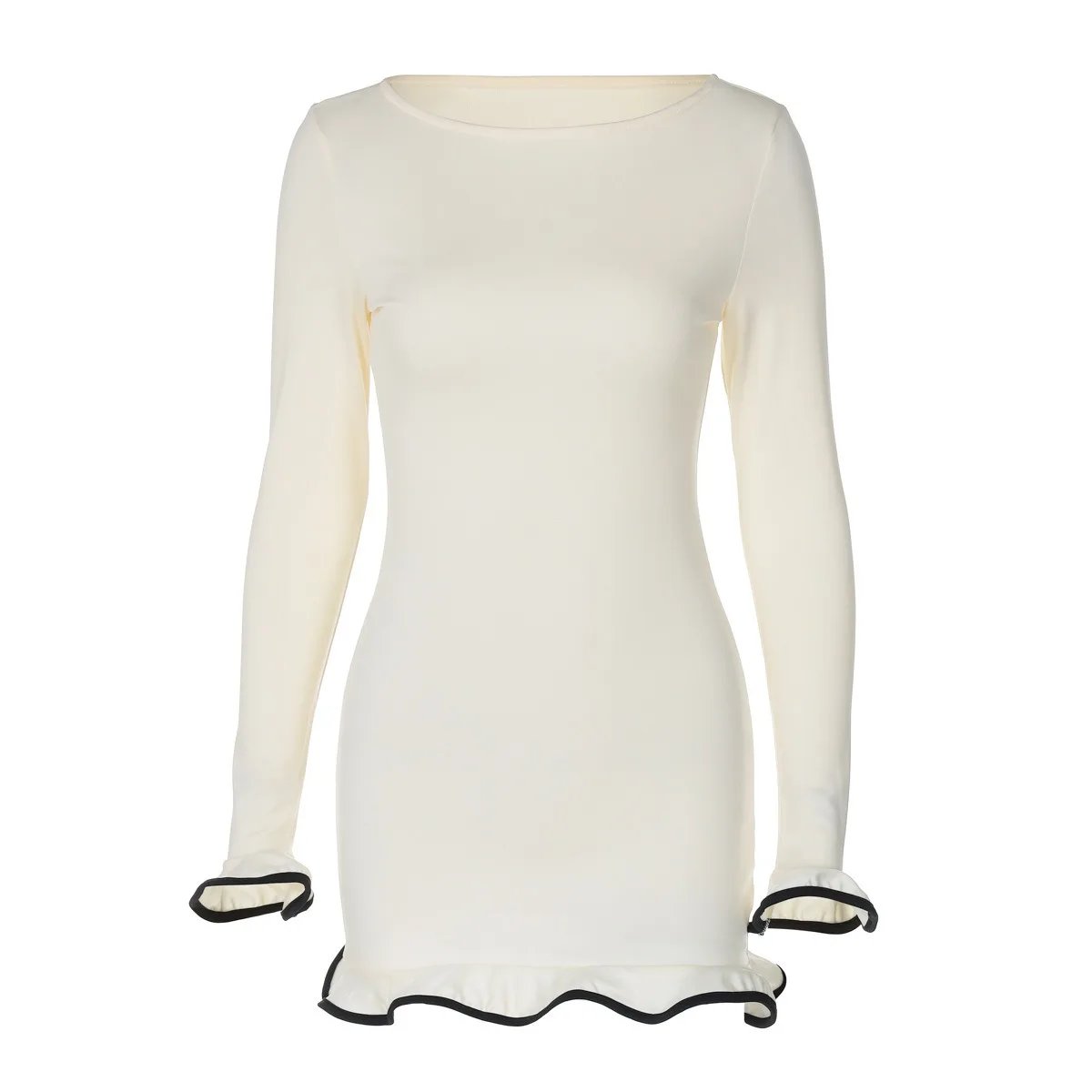 New Women Dresses Elegant Round Neck Pleat Long Sleeve New Casual Slim Pink Sexy Black Mini Dress Female Chic Party Street Dress