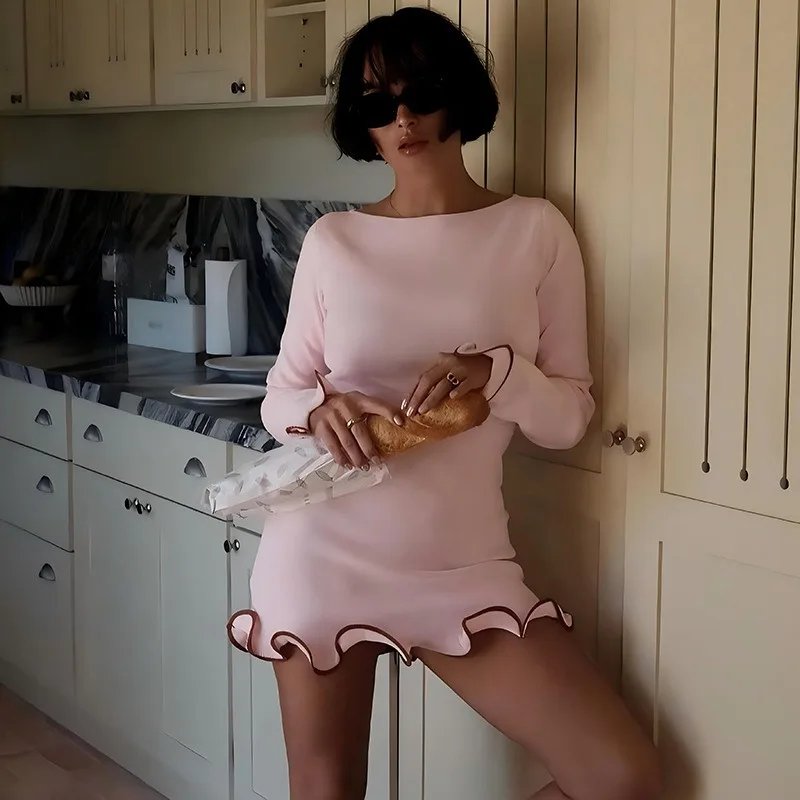 New Women Dresses Elegant Round Neck Pleat Long Sleeve New Casual Slim Pink Sexy Black Mini Dress Female Chic Party Street Dress