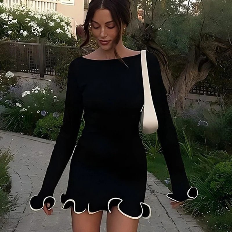 Women's Round Neck Pleat Long Sleeve Mini Dress