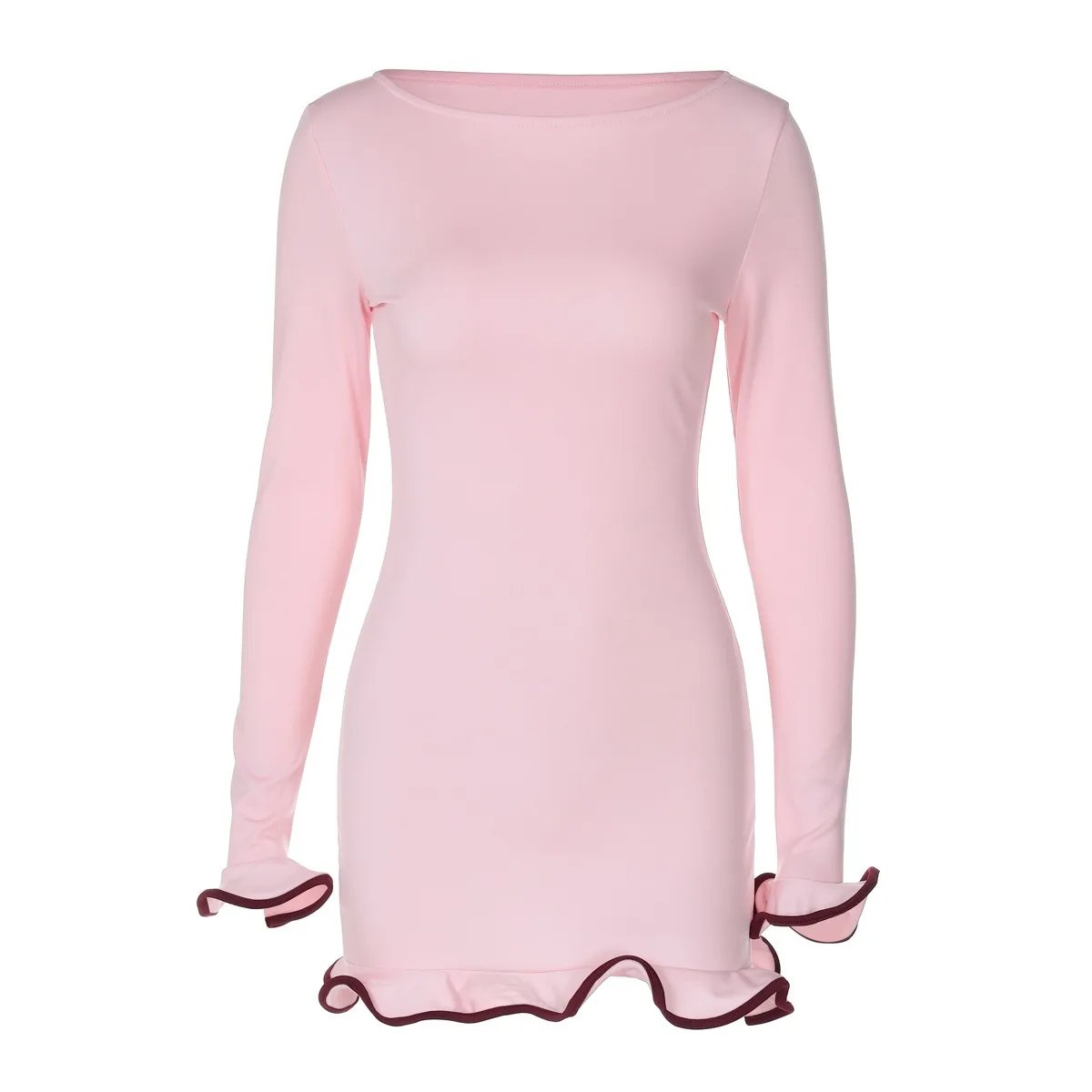New Women Dresses Elegant Round Neck Pleat Long Sleeve New Casual Slim Pink Sexy Black Mini Dress Female Chic Party Street Dress