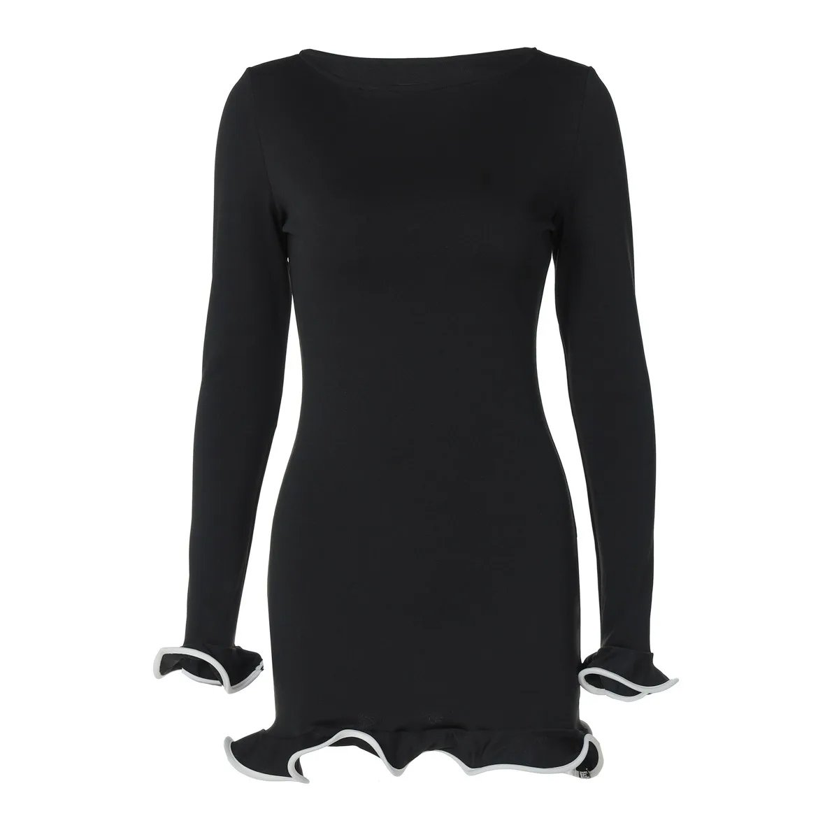 New Women Dresses Elegant Round Neck Pleat Long Sleeve New Casual Slim Pink Sexy Black Mini Dress Female Chic Party Street Dress