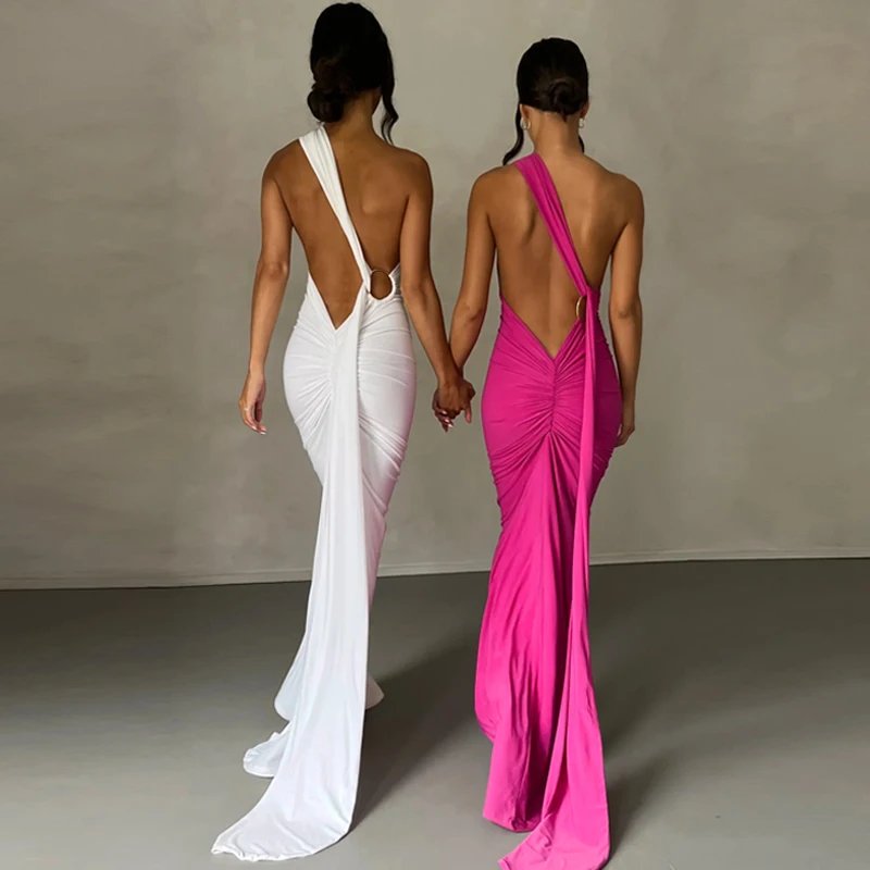 Hugcitar One Shoulder Backless Adjustable Scarf Loop Ruched Sexy Maxi Dress 2024 Women Elegant Y2K Streetwear Festival Outfit