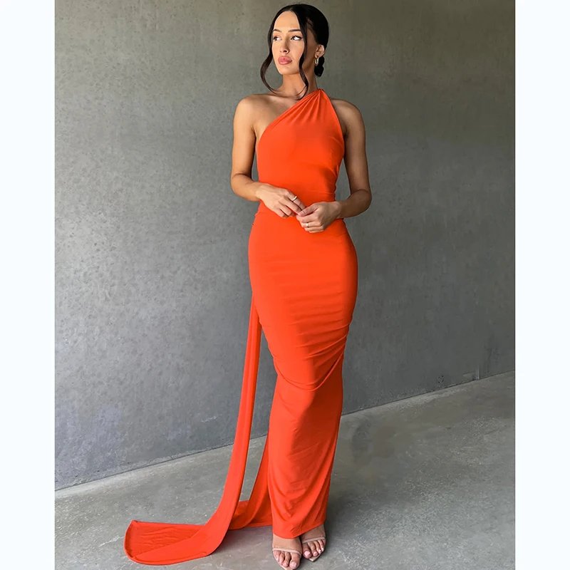 Hugcitar One Shoulder Backless Adjustable Scarf Loop Ruched Sexy Maxi Dress 2024 Women Elegant Y2K Streetwear Festival Outfit