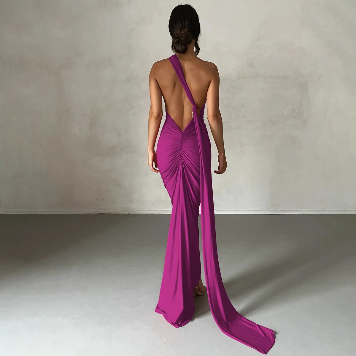Hugcitar One Shoulder Backless Adjustable Scarf Loop Ruched Sexy Maxi Dress 2024 Women Elegant Y2K Streetwear Festival Outfit