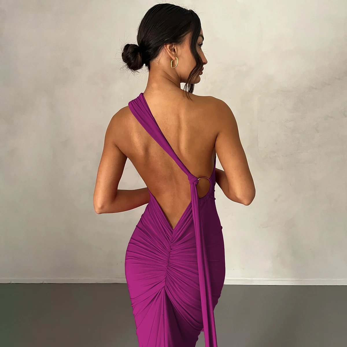 Hugcitar One Shoulder Backless Adjustable Scarf Loop Ruched Sexy Maxi Dress 2024 Women Elegant Y2K Streetwear Festival Outfit