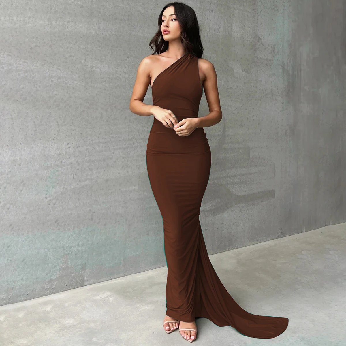 Hugcitar One Shoulder Backless Adjustable Scarf Loop Ruched Sexy Maxi Dress 2024 Women Elegant Y2K Streetwear Festival Outfit