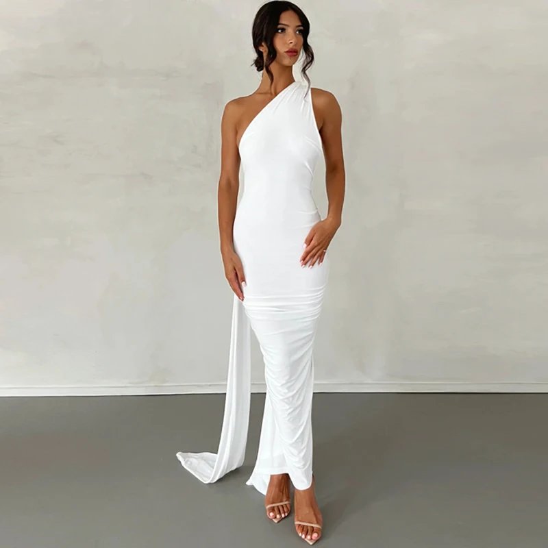 Hugcitar One Shoulder Backless Adjustable Scarf Loop Ruched Sexy Maxi Dress 2024 Women Elegant Y2K Streetwear Festival Outfit
