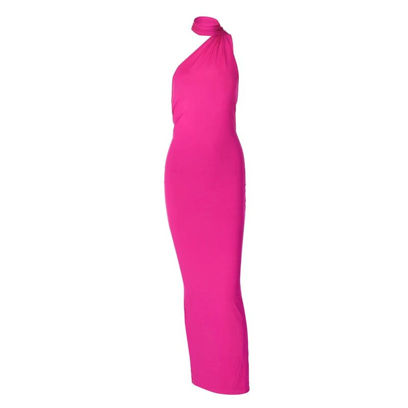 Hugcitar One Shoulder Backless Adjustable Scarf Loop Ruched Sexy Maxi Dress 2024 Women Elegant Y2K Streetwear Festival Outfit