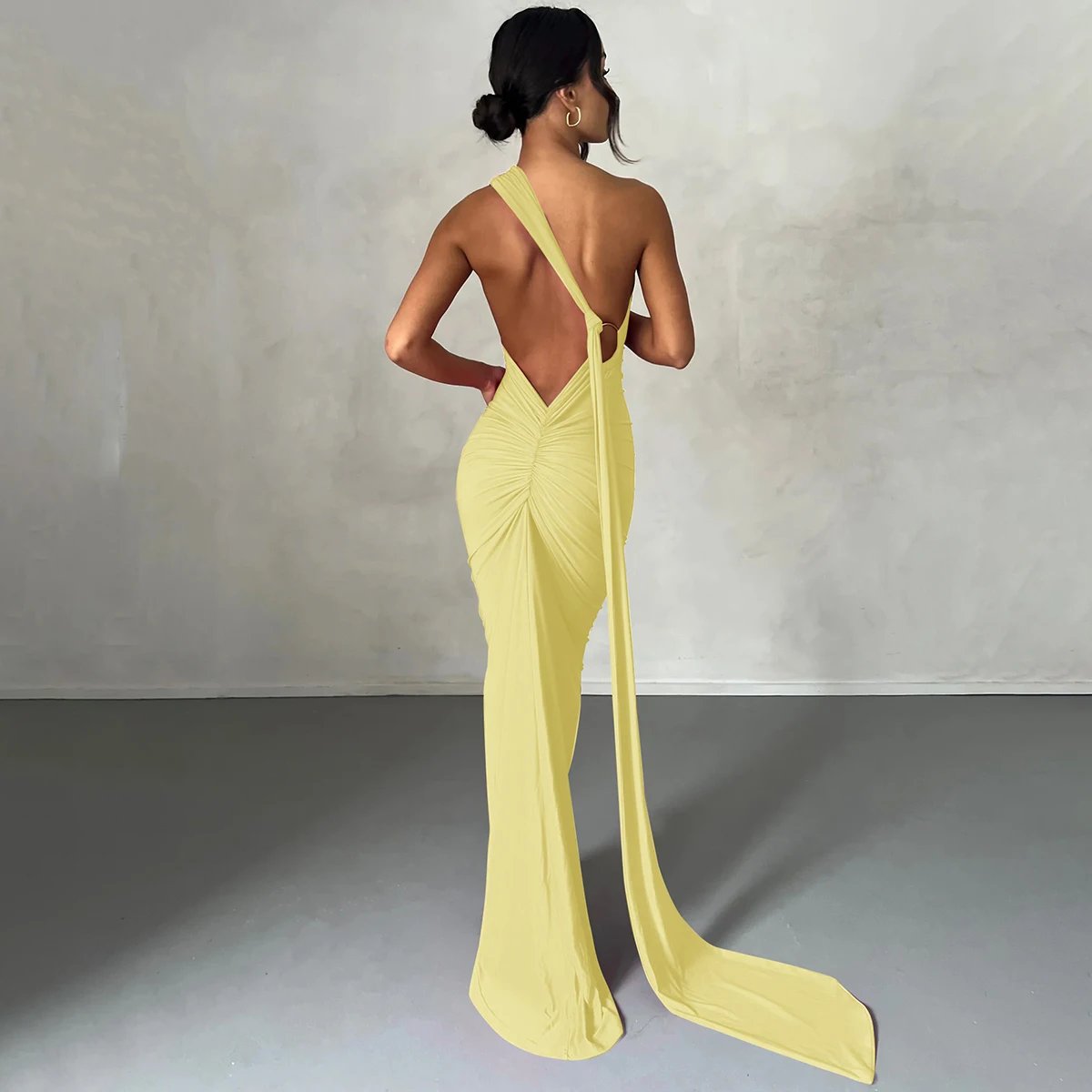 Hugcitar One Shoulder Backless Adjustable Scarf Loop Ruched Sexy Maxi Dress 2024 Women Elegant Y2K Streetwear Festival Outfit