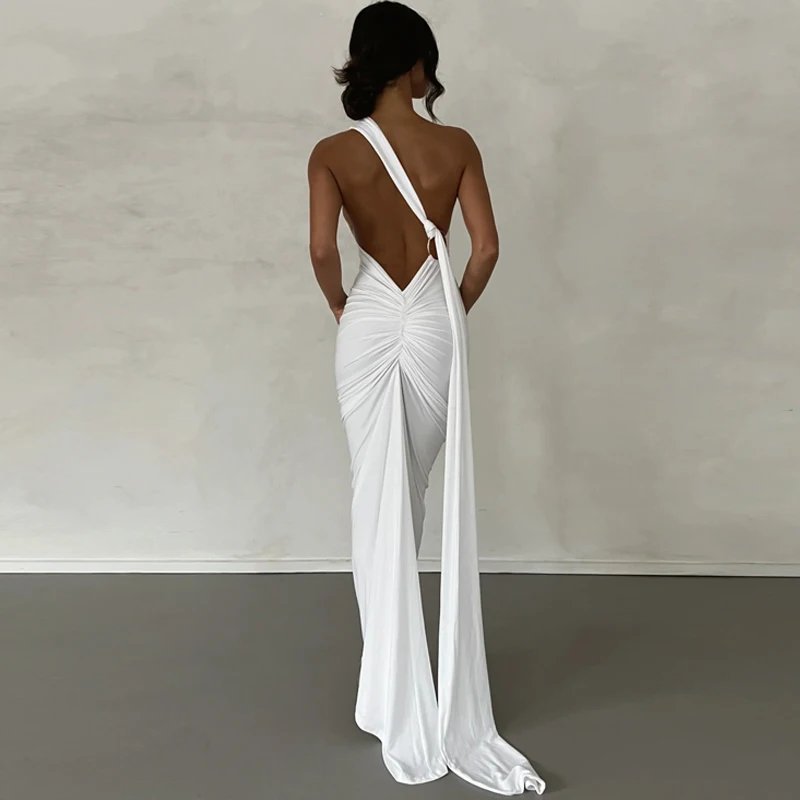 Hugcitar One Shoulder Backless Adjustable Scarf Loop Ruched Sexy Maxi Dress 2024 Women Elegant Y2K Streetwear Festival Outfit