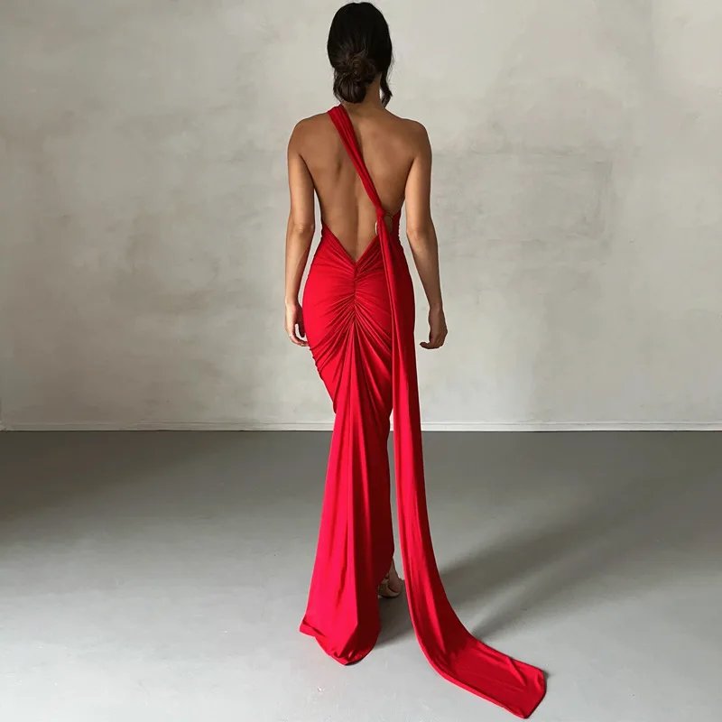 Hugcitar One Shoulder Backless Adjustable Scarf Loop Ruched Sexy Maxi Dress 2024 Women Elegant Y2K Streetwear Festival Outfit