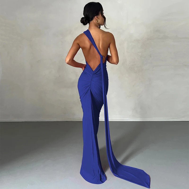 Hugcitar One Shoulder Backless Adjustable Scarf Loop Ruched Sexy Maxi Dress 2024 Women Elegant Y2K Streetwear Festival Outfit