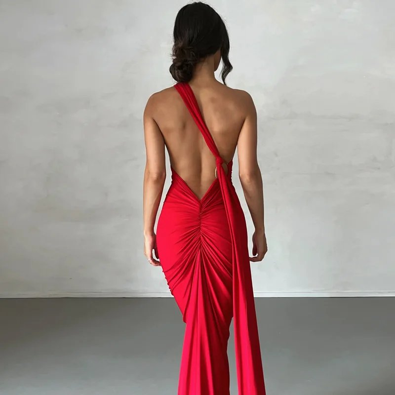 Hugcitar One Shoulder Backless Adjustable Scarf Loop Ruched Sexy Maxi Dress 2024 Women Elegant Y2K Streetwear Festival Outfit