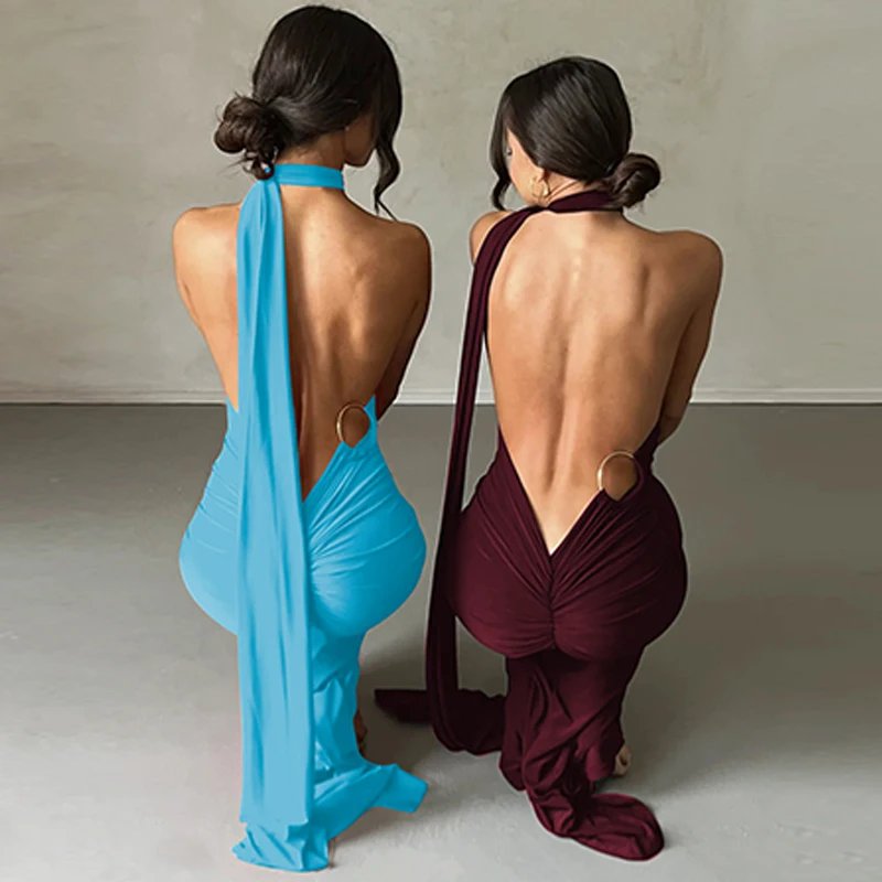 Hugcitar One Shoulder Backless Adjustable Scarf Loop Ruched Sexy Maxi Dress 2024 Women Elegant Y2K Streetwear Festival Outfit