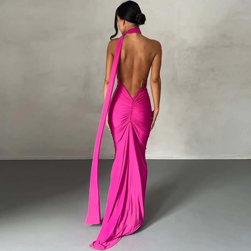 Hugcitar One Shoulder Backless Adjustable Scarf Loop Ruched Sexy Maxi Dress 2024 Women Elegant Y2K Streetwear Festival Outfit