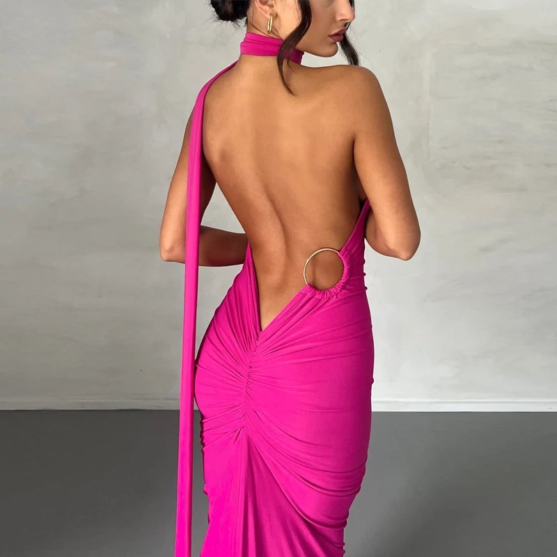 Hugcitar One Shoulder Backless Adjustable Scarf Loop Ruched Sexy Maxi Dress 2024 Women Elegant Y2K Streetwear Festival Outfit