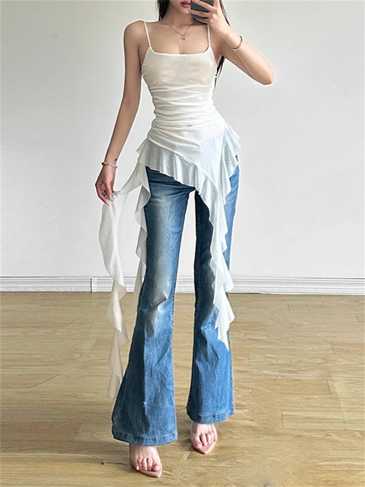 Nibber 2024 Summer Sisters Party Gradient Retro Ruffles Sweet Gentle Sexy Hot Cool Cool Women'S Thin Mini Tassel Sling Dress
