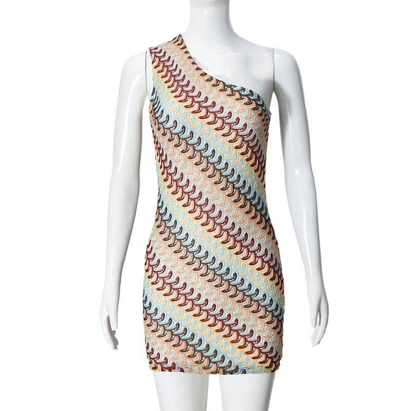 Irregular Printed Knitted Mini Dress For Women Chic Backless Slanted Shoulder Slim Fit Dresses 2025 Summer Holiday Beach Robes