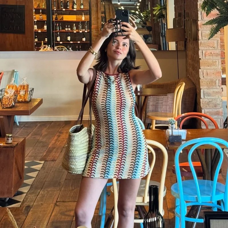 Irregular Printed Knitted Mini Dress For Women Chic Backless Slanted Shoulder Slim Fit Dresses 2025 Summer Holiday Beach Robes