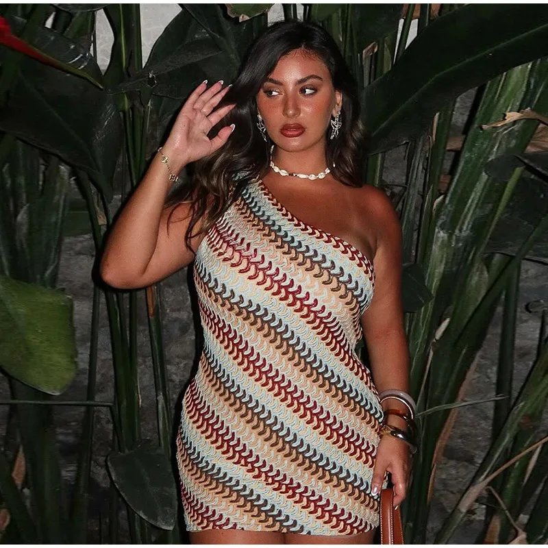 Irregular Printed Knitted Mini Dress For Women Chic Backless Slanted Shoulder Slim Fit Dresses 2025 Summer Holiday Beach Robes
