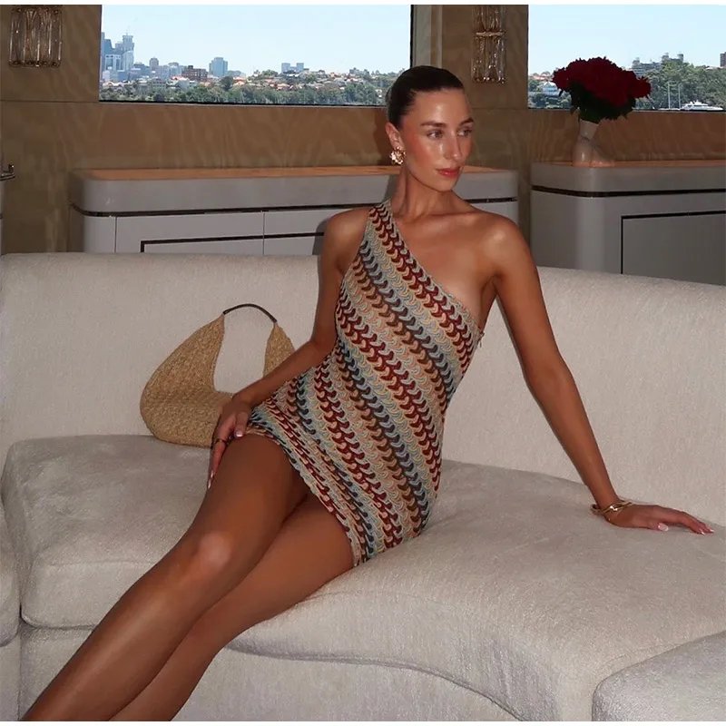 Irregular Printed Knitted Mini Dress For Women Chic Backless Slanted Shoulder Slim Fit Dresses 2025 Summer Holiday Beach Robes