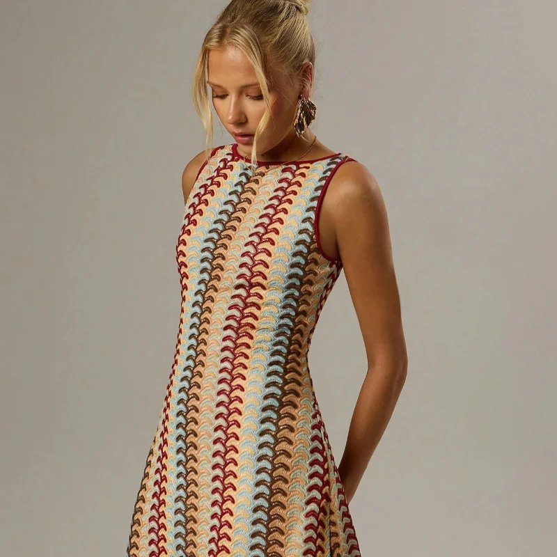 Irregular Printed Knitted Mini Dress For Women Chic Backless Slanted Shoulder Slim Fit Dresses 2025 Summer Holiday Beach Robes