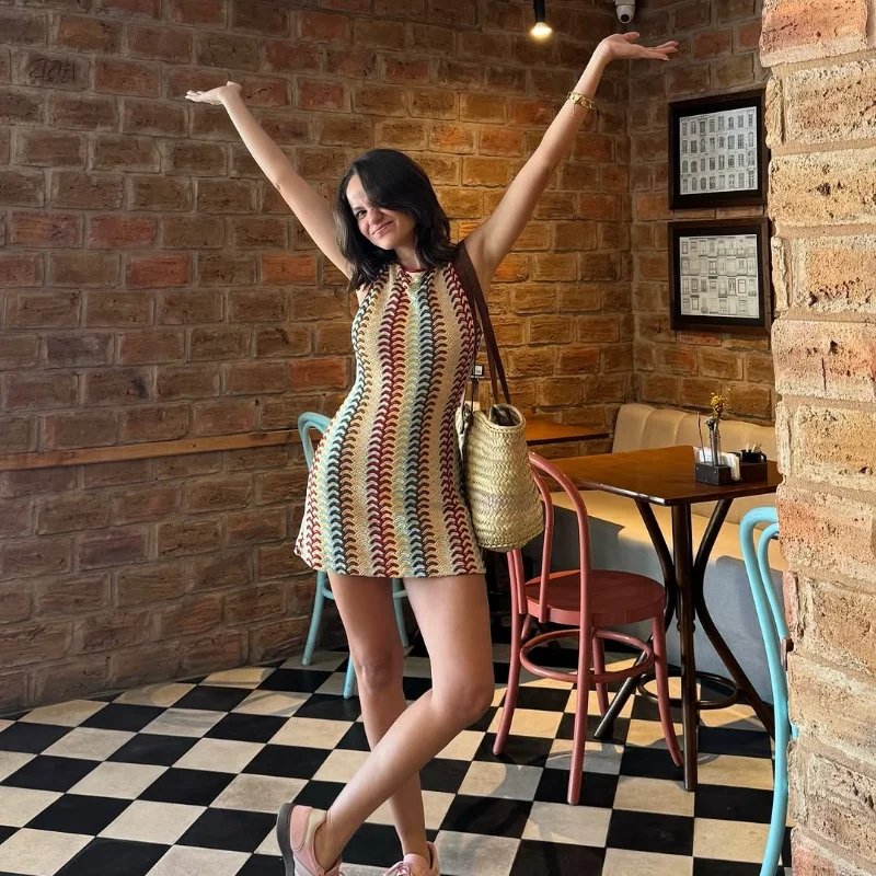 Irregular Printed Knitted Mini Dress For Women Chic Backless Slanted Shoulder Slim Fit Dresses 2025 Summer Holiday Beach Robes
