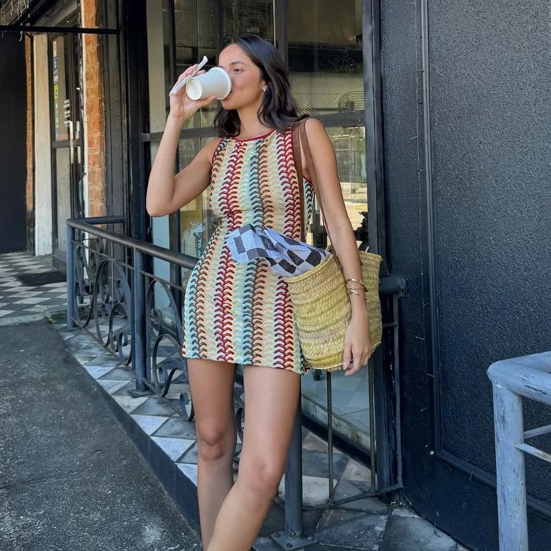 Irregular Printed Knitted Mini Dress For Women Chic Backless Slanted Shoulder Slim Fit Dresses 2025 Summer Holiday Beach Robes