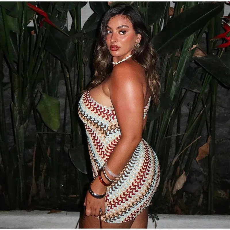 Irregular Printed Knitted Mini Dress For Women Chic Backless Slanted Shoulder Slim Fit Dresses 2025 Summer Holiday Beach Robes