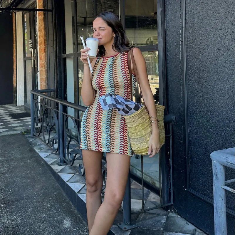 Irregular Printed Knitted Mini Dress For Women Chic Backless Slanted Shoulder Slim Fit Dresses 2025 Summer Holiday Beach Robes
